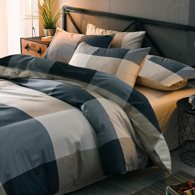 LifeTB California King Comforter Set Modern Style Plaid Checkered Pattern Comforter with 2 Pillow Shams Soft Microfiber Vintage Grid Plaid Bedding Set Lightweight Farmhouse Checked Comforter Set