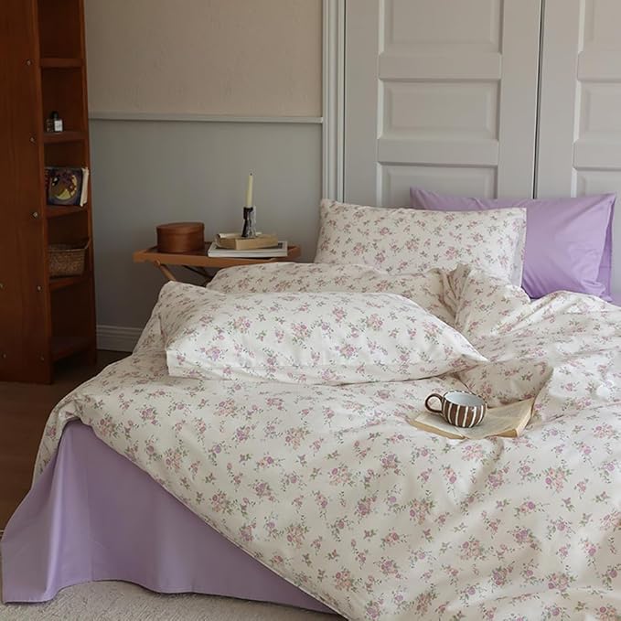 VM VOUGEMARKET Twin Comforter Set Lavender Pink Flower Bedding Comforter with 2 Pillowcases,All Season Use Bright & Lightweight Cottagecore Comforter Set for Teen Girls 68"x90"