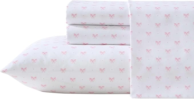 Laura Ashley - Kids Sheet Set, Ultra-Soft & Breathable Toddler Bedding with Matching Pillowcases, Wrinkle-Resistant, Ideal Girl Room Essentials (Lovely Bows Pink, Queen)
