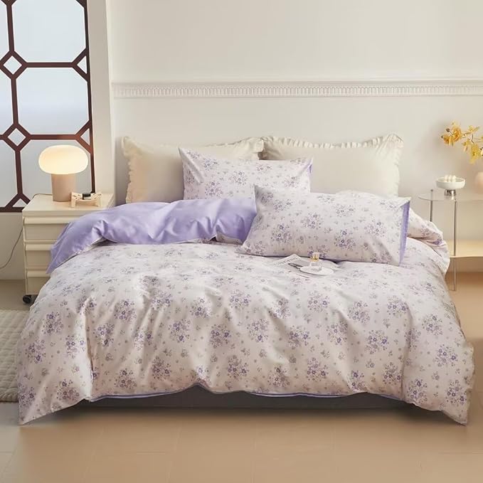 LifeTB Vintage Floral Comforter Set Queen Purple Flower Bedding Comforter for Queen Bed Boho Garden Floral Botanical Comforter with 2 Pillowcases Farmhouse Bedding Girls Floral Comfy Comforter Set