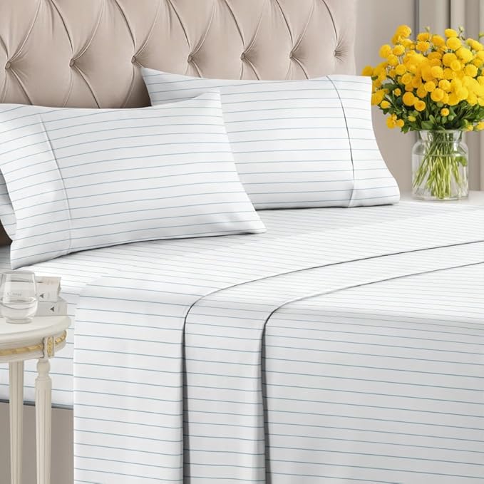 Sky Blue and White Striped Sheets - 1 Flat & 1 Fitted Sheet & 2 Pillowcases w/ Deep Pockets - Wrinkle & Fade Resistant - Ultra-Soft, Breathable & Cooling - Pinstripe Patterned Bed Set - King Size