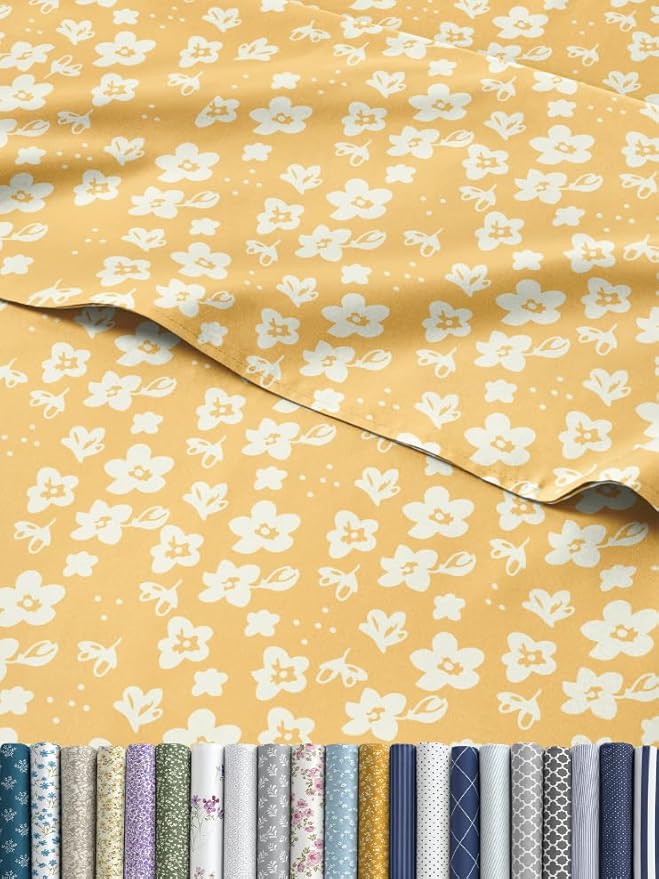 Floral Sheets - Yellow Floral Bed Sheet Set - 1 Flat, 1 Fitted & 2 Pillowcases w/ Deep Pockets - Comfy, Wrinkle & Fade Free - Boho Botanical Bedding - Ultra-Soft, Breathable & Cooling - Queen Size Set