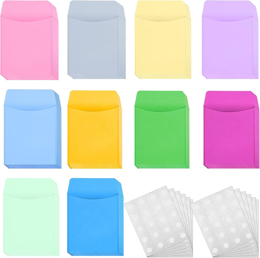 Skiennix Colorful Library Card Envelopes - 100 Pack with Removable Adhesive Dots | Assorted Colors
