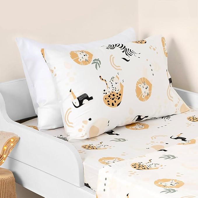 Salt Earth 100% Cotton 210TC Kids Bedsheet, Twin Fitted Sheet, Toddler Bed, 2 Piece Bedding Set- 1 Fitted Sheet and 1 Pillowcase, Themed Toddler Bed Sheets, Cute Sheets for Kids Bed (Jungle)