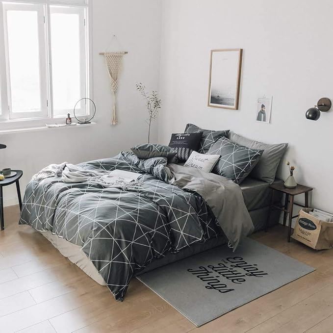 Grey Plaid Comforter Set King Geometric Plaid Bedding Comforter Set 3 Pieces Plaid Grid Comforter with 2 Pillowcases Fluffy Soft Checkered Pattern Comforter Set for All Season King Size Bed Set