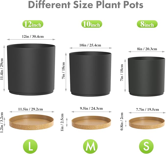 12/10/8 inch Large Deep Plant Pots, 3 Pack Tall Cylinder Flower Pots for Outdoor Indoor Plants, Plastic Planters with Drainage Holes and Saucers for Garden Porch House Plants, Black