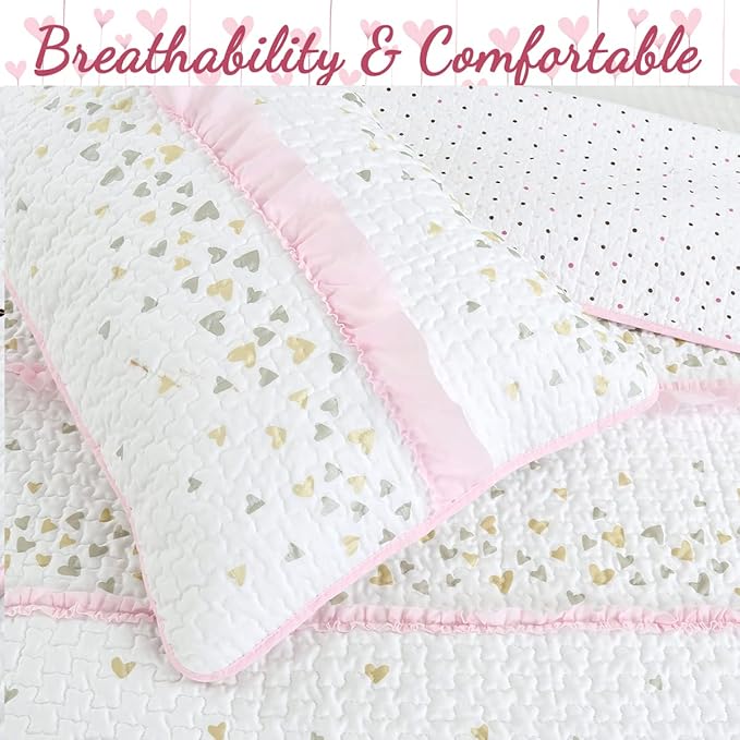 Cozy Line Home Fashions Pink Ruffle Gold Hearts Girl 100% Cotton Reversible All-Season Coverlet, Bedspread, Quilt Bedding Set (Sparkling Hearts, Twin)
