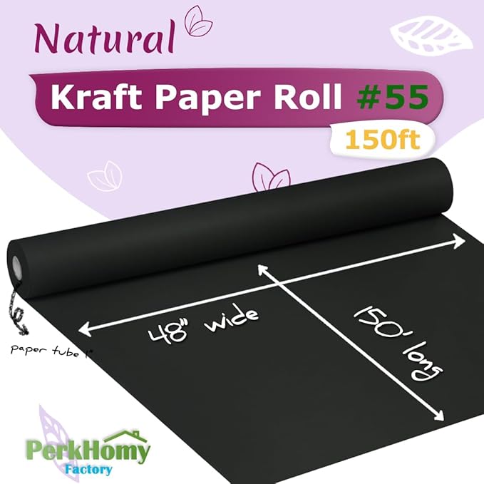 PerkHomy Black Kraft Paper Roll 48" x 1,800" (150') for Gift Wrapping Bouquet Flower Art Painting Craft Writing Packaging Shipping 80GSM 55LB (Black, 48" x 150')