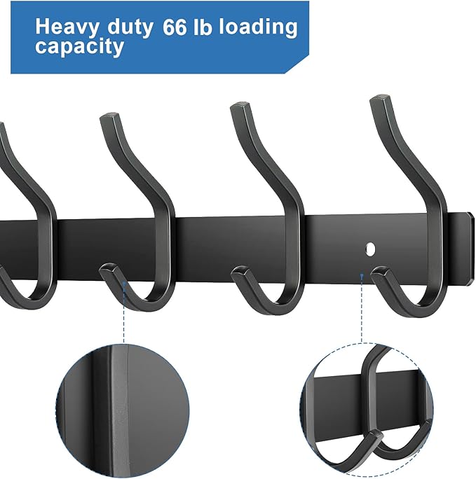 HAMUTH Wall Hooks Heavy Duty, 17 Inch Coat Rack Wall Mount with 6 Hooks, Black Wall Hooks for Entryway, Bathroom - for Hanging Backpack, Bag, Coat, Purse, Hat, Towel, Clothes,2 Packs