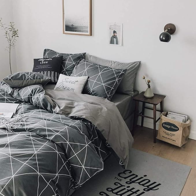 LifeTB Grey Plaid Comforter Set Full Size Geometric Plaid Bedding Comforter Set 3 Pieces Plaid Grid Comforter with 2 Pillowcases Fluffy Soft Checkered Pattern Comforter Set for All Season Full Size