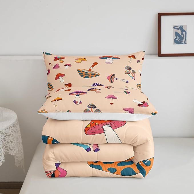 Retro Trippy Mushroom Bedding Comforters King Size,Hippie Plant Duvet Set for Bedroom Decor,60s 70s Cartoon Style Durable Comforter Set with 2 Pillowcases