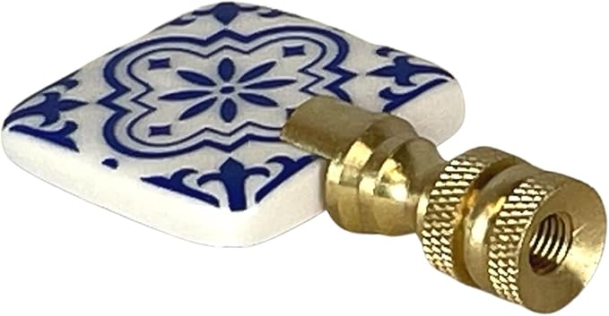 Royal Designs, Inc. Blue & White Porcelain Square Design Finial for Lamp Shade, Polished Brass