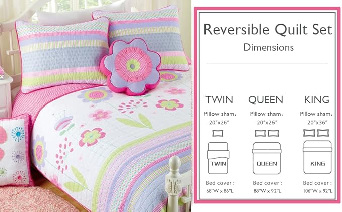 Cozy Line Home Fashions Pink Lavender Green Floral Print Girl 100% Cotton Reversible Quilt Bedding Set, Coverlet, Bedspread (Blossom, Queen - 3 Piece)