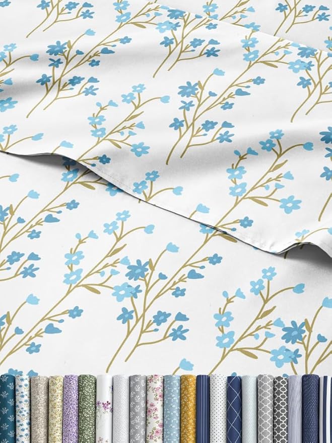 Floral Sheets - Blue Floral Bed Sheet Set - 1 Flat, 1 Fitted & 2 Pillowcases w/ Deep Pockets - Comfy, Wrinkle & Fade Free - Boho Botanical Bedding - Ultra-Soft, Breathable & Cooling - King Size Set