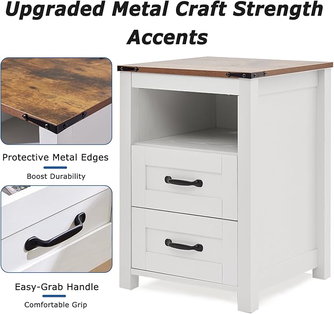 Farmhouse Night Stand Set of 2, Rustic White Nightstand for Bedroom, End Tables Without Charging Station, Bedside Table with Drawers, Wood Bedside Cabinet Dresser