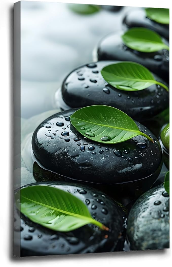 Glittering black stone cluster with fresh green leaves and water drops poster tranquil mist rain wall art zen wall art suitable for modern minimalist home decor 24x36in Wood Framed