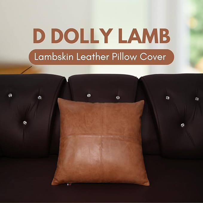 D DOLLY LAMB Lambskin Leather Pillow Cover - Sofa Cushion Case - Decorative Throw Covers for Living Room & Bedroom, 20x20 Inches - Antique Brown Plain