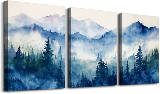 SERIMINO Nature Landscape Canvas Wall Art for Living Room, Forest Mountain Canvas Prints Paintings, Blue Modern Farmhouse Wall Decor for Bedroom Bathroom Set of 3, 12"X16"