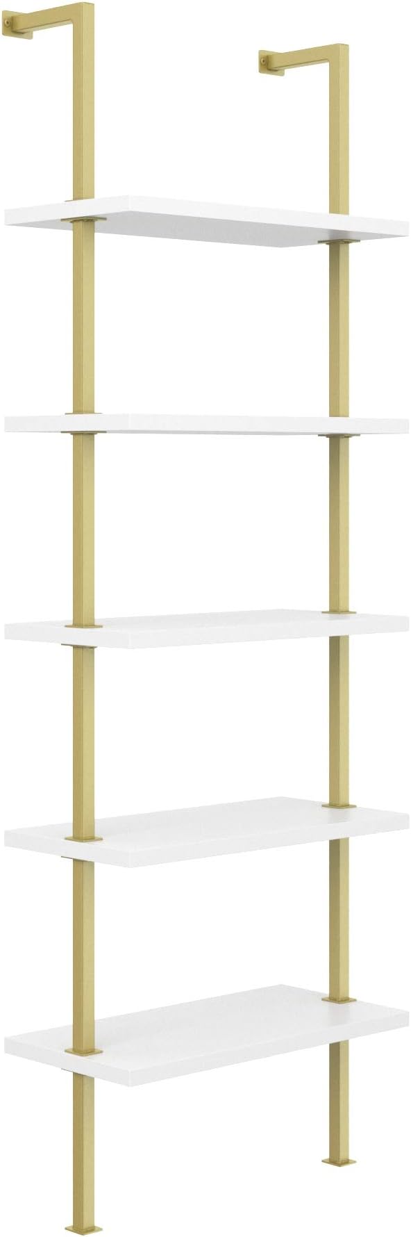 Nathan James Theo 5-Shelf Modern Bookcase, Open Wall Mount Ladder Bookshelf with Industrial Metal Frame, White/Gold