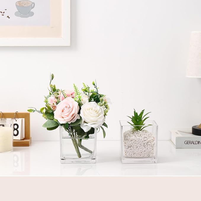 Square Glass Vases Set of 9, 5" x 5" x 5" Clear Flower Vases for Centerpieces, Square Vase for Flowers, Small Vase for Wedding, Party, Home Office Decoration