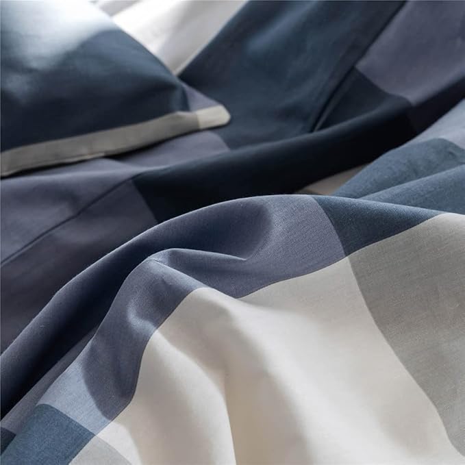 LifeTB Twin XL Comforter Set Modern Style Plaid Checkered Pattern Comforter Soft Fluffy Blue White Grey Geometric Comforter with 2 Pillowcases for Men Boy Teen All Seasons Comforter Set Twin XL Size