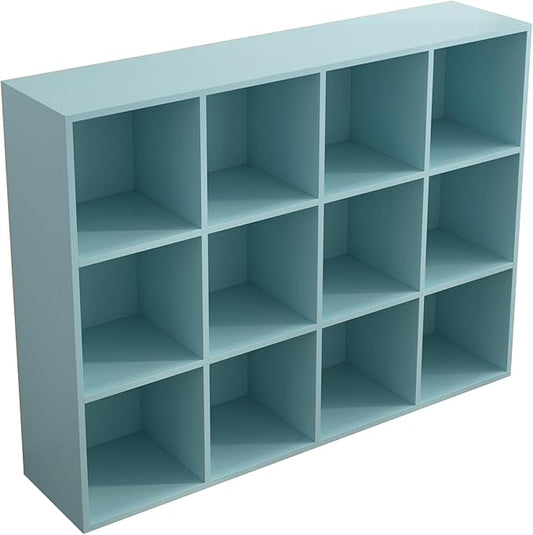 12-Cube Storage Shelf Bookcase - Wooden 3-Tier Floor Standing Open Bookshelf for Home and Office, Display Cabinet, Light Blue