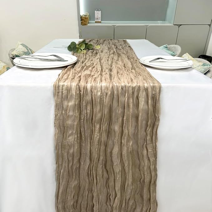 Booque Valley Nude Cheesecloth Table Runner 120 Inch 10ft Super Soft Boho Wrinkled Gauze Sheer Cloth for Baby Shower Birthday Bridal Shower Wedding Centerpiece Table Decoration, 1 Pack , Tan