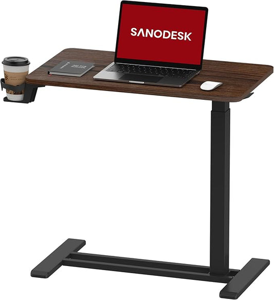 SANODESK Mobile Standing Desk with Hidden Wheels,Pneumatic Laptop Desk Rolling Computer Cart Movable Height Adjustable Small Sit Stand Desk for Home Office(27.6" W x 15.7" D, Maple)