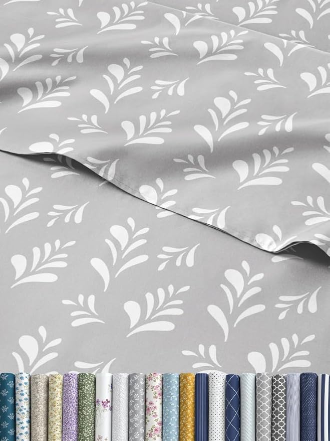 Floral Sheets - Grey & White Bed Sheet Set - 1 Flat, 1 Fitted & 2 Pillowcases w/ Deep Pockets - Comfy, Wrinkle & Fade Free - Boho Botanical Bedding - Ultra-Soft, Breathable & Cooling - Queen Size Set