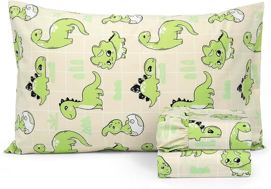 Salt Earth 100% Cotton 210TC Kids Bedsheet, Twin Sheets Set for Toddler Bed, 3 Piece Bedding Set Including Flat Sheet, Fitted Sheet, and Pillowcase, Themed Cute Sheets for a Playful Kids Bed (Dino)