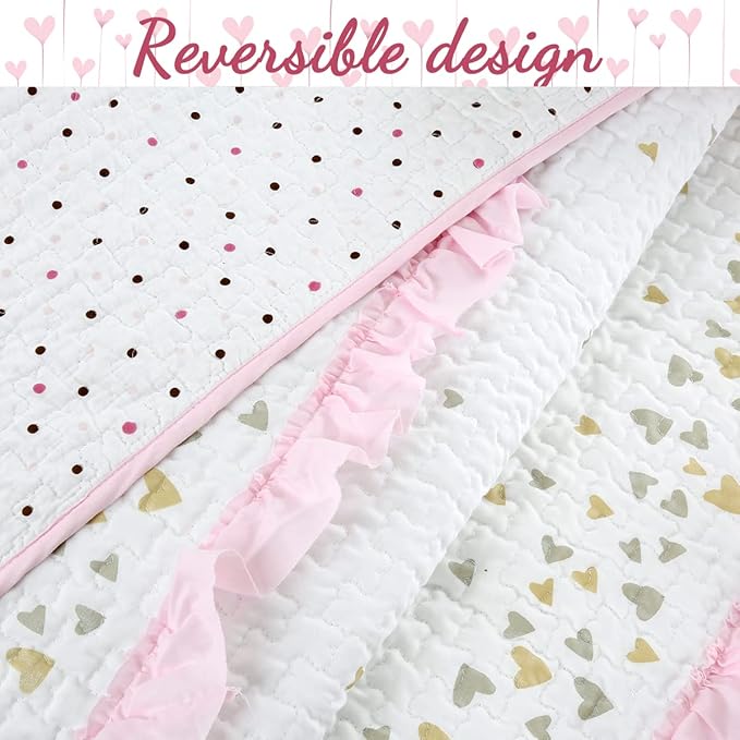 Cozy Line Home Fashions Pink Ruffle Metallic Printed Hearts Girl Cotton Reversible Quilt Bedding Set, Coverlet, Bedspreads (Sparkling Hearts, Queen - 3 Piece: 1 Quilt + 2 Shams)