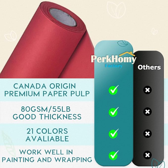 PerkHomy Red Kraft Paper Roll 17.5" x 960" (80') for Gift Wrapping Bulletin Board Bouquet Flower Kids Wall Art Craft Packing Moving Shipping Parcel Postal Floor Covering Table Runner 80GSM 55LB (Red,
