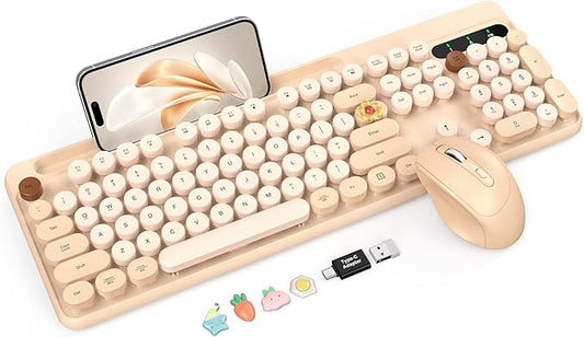 Wireless Keyboard and Mouse Combo, Retro Round Keycaps, Cute Full-Size Typewriter Keyboard with Phone Holder, Sleep Mode, 2.4GHz Cordless Connection for Windows/PC/Laptop (Milk-Tea Colorful)