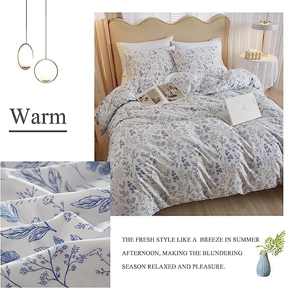 Cotton Floral Duvet Cover Full White Blue Floral Print Full Bedding Sets Vintage Boho Flower Comforter Cover Aesthetic Bedding Botanical Duvet Cover Cottagecore Comforter Cover with Zipper Closure