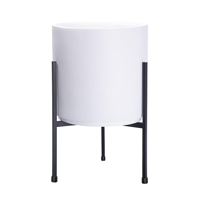 D'vine Dev Modern White Plants Pot Cylinder Planter with Heavy Duty Stand, Small 8 Inch Pot, 15 Inch with Stand Height, 96-T-A-1