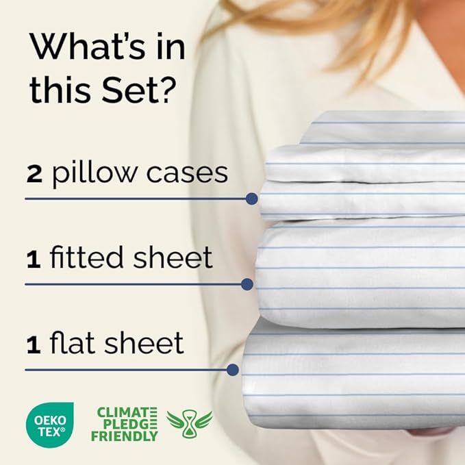 Sky Blue and White Striped Sheets - 1 Flat & 1 Fitted Sheet & 2 Pillowcases w/ Deep Pockets - Wrinkle & Fade Resistant - Ultra-Soft, Breathable & Cooling - Pinstripe Patterned Bed Set - King Size