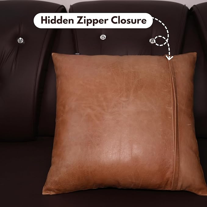 D DOLLY LAMB Lambskin Leather Pillow Cover - Sofa Cushion Case - Decorative Throw Covers for Living Room & Bedroom, 14x14 Inches - Antique Brown Plain