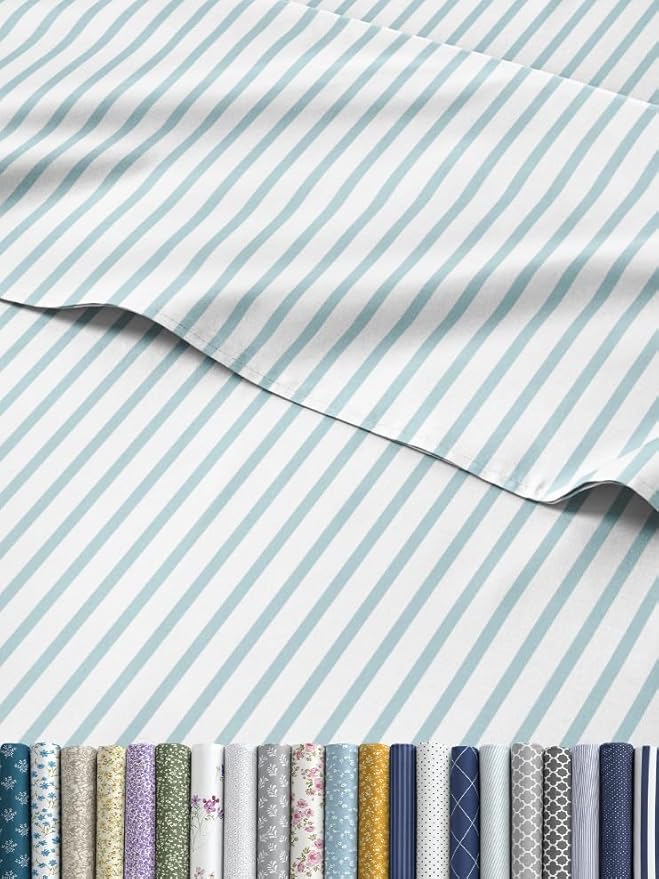 Striped Sheets - Blue & White Striped Sheets - 1 Flat & 1 Fitted & 2 Pillowcases w/ Deep Pockets – Wrinkle & Fade Free - Soft, Breathable and Cooling - Luxury Pinstripe Bedding - Full Size Bed Set