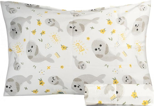 Salt Earth 100% Cotton 210TC Kids Bedsheet, Twin Fitted Sheet, Toddler Bed, 2 Piece Bedding Set- 1 Fitted Sheet and 1 Pillowcase, Themed Toddler Bed Sheets, Cute Sheets for Kids Bed (Seal)