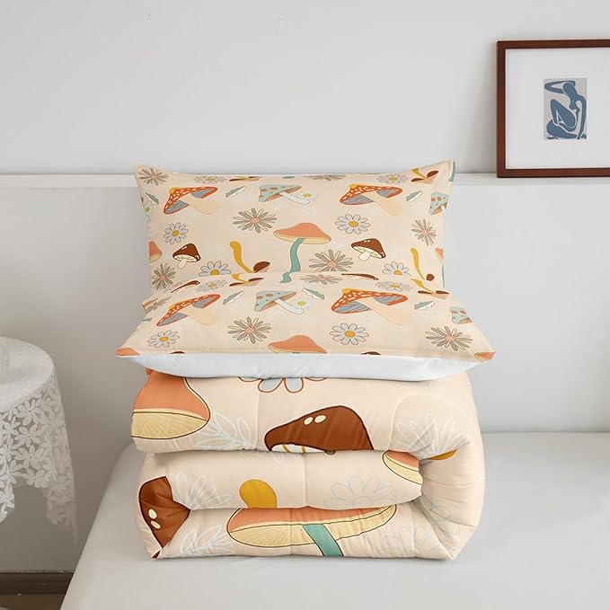 Castle Fairy 60s 70s Retro Mushroom Twin Size Comforter Set,Groovy Flowers Floral Duvet Set with 1 Pillowcase for Kids BoysBoho Art Soft Microfiber Bedding Comforters