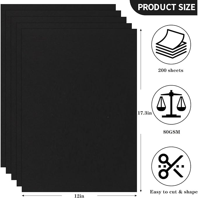 U HOMOVING 200 Sheets Black Kraft Paper for Wrapping Gifts Bouquet 12”x 17”Construction Paper for Art Craft Drawing Supplies Kraft Sheets for Packing Moving Shipping
