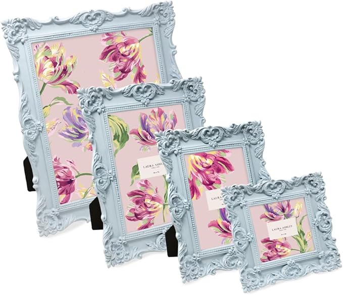 Laura Ashley 8x10 Powder Blue Ornate Textured Hand-Crafted Resin Picture Frame w/Easel & Hook for Tabletop & Wall Display, Decorative Floral Design Home Décor, Photo Gallery, Art (8x10, Powder Blue)