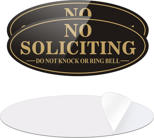 Skiennix No Soliciting Sign - Self-Adhesive Front Door Sticker | 2 Pack, Black/Gold, Small (5" x 2")