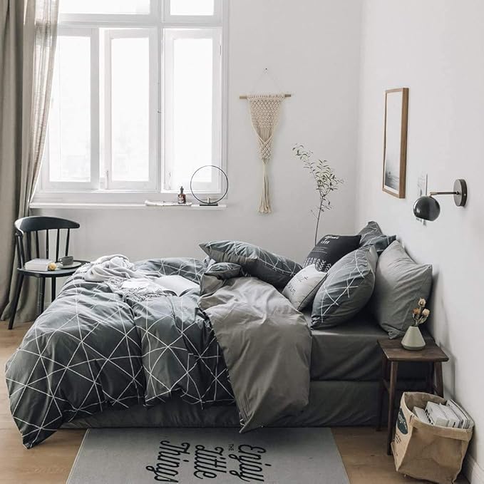 LifeTB Grey Plaid Comforter Set Full Size Geometric Plaid Bedding Comforter Set 3 Pieces Plaid Grid Comforter with 2 Pillowcases Fluffy Soft Checkered Pattern Comforter Set for All Season Full Size