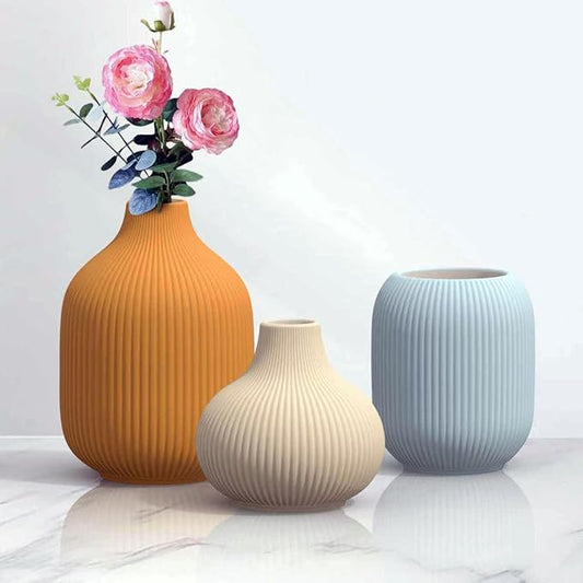 Set of 3 Vibrant Ceramic Vases in Light Blue, Mustard Yellow and Beige - Modern Minimalist Ribbed Decor for Centerpiece, Farmhouse Living Room, Kitchen Shelf, Gift Idea