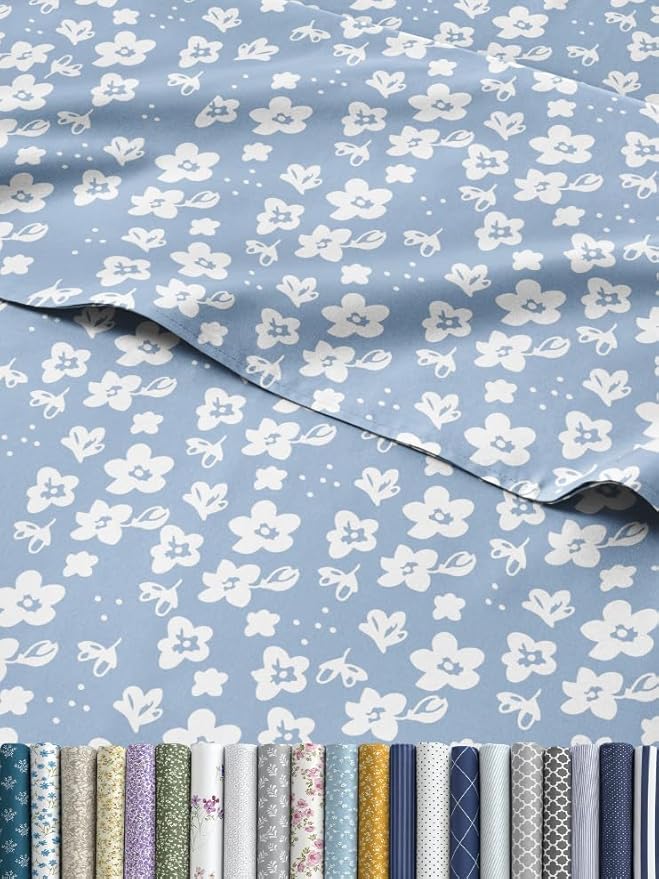 Floral Sheets - Blue Floral Bed Sheet Set - 1 Flat, 1 Fitted & 2 Pillowcases w/ Deep Pockets - Comfy, Wrinkle & Fade Free - Boho Botanical Bedding - Ultra-Soft, Breathable & Cooling - Queen Size Set