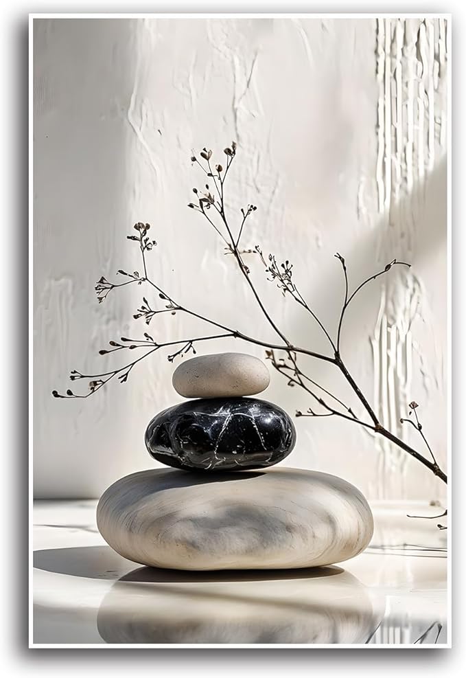 Gray and black stone pile and dried flowers poster canvas wall art in harmony Minimalist wall art for tranquil homes and mindful spaces 20x30in Frameless