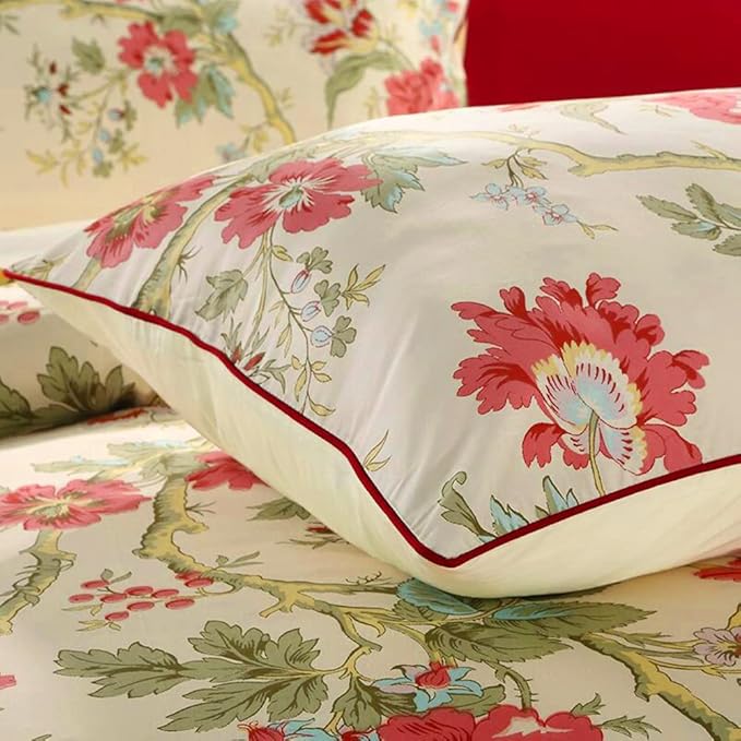 mixinni Garden Style 3 Pieces Red Flower Leaf Pattern Duvet Cover Set Queen Reversible Beige Comforter Cover Set for Women and Men, Easy Care, Soft, Durable-(3pcs, King Size)