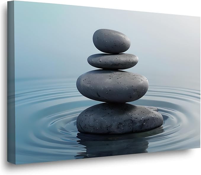 Zen wall art Harmonious grey stones stacked on a calm surface of water Serene Zen decor suitable for tranquil homes and spaces of meditation 20x30in Wood Framed