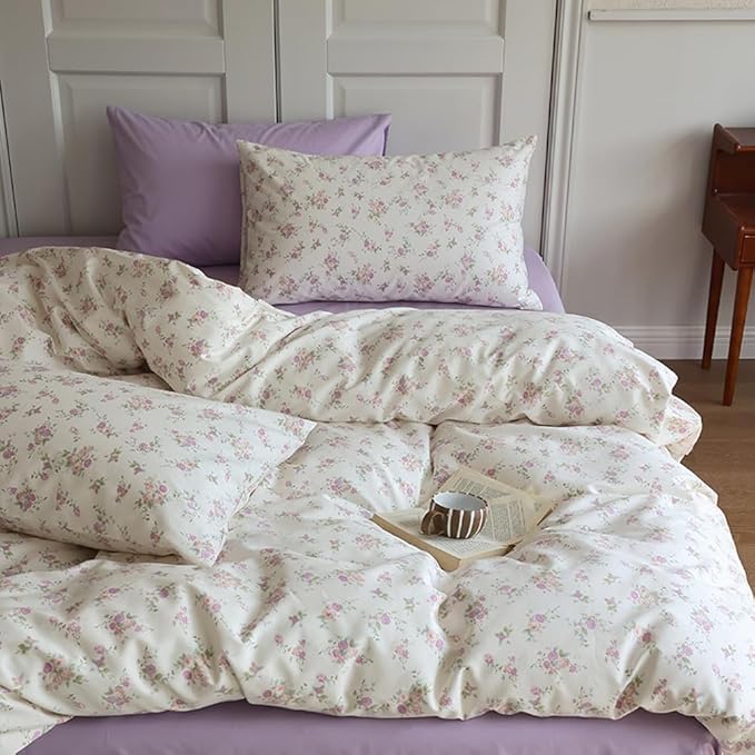 VM VOUGEMARKET Twin Comforter Set Lavender Pink Flower Bedding Comforter with 2 Pillowcases,All Season Use Bright & Lightweight Cottagecore Comforter Set for Teen Girls 68"x90"